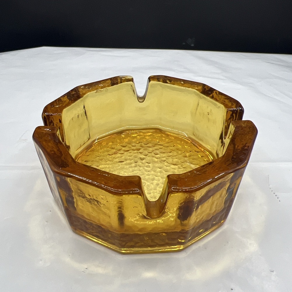 Vintage MCM Amber Glass Ashtray Octagonal Heavy Hammered Pebble Bottom 4 Rest